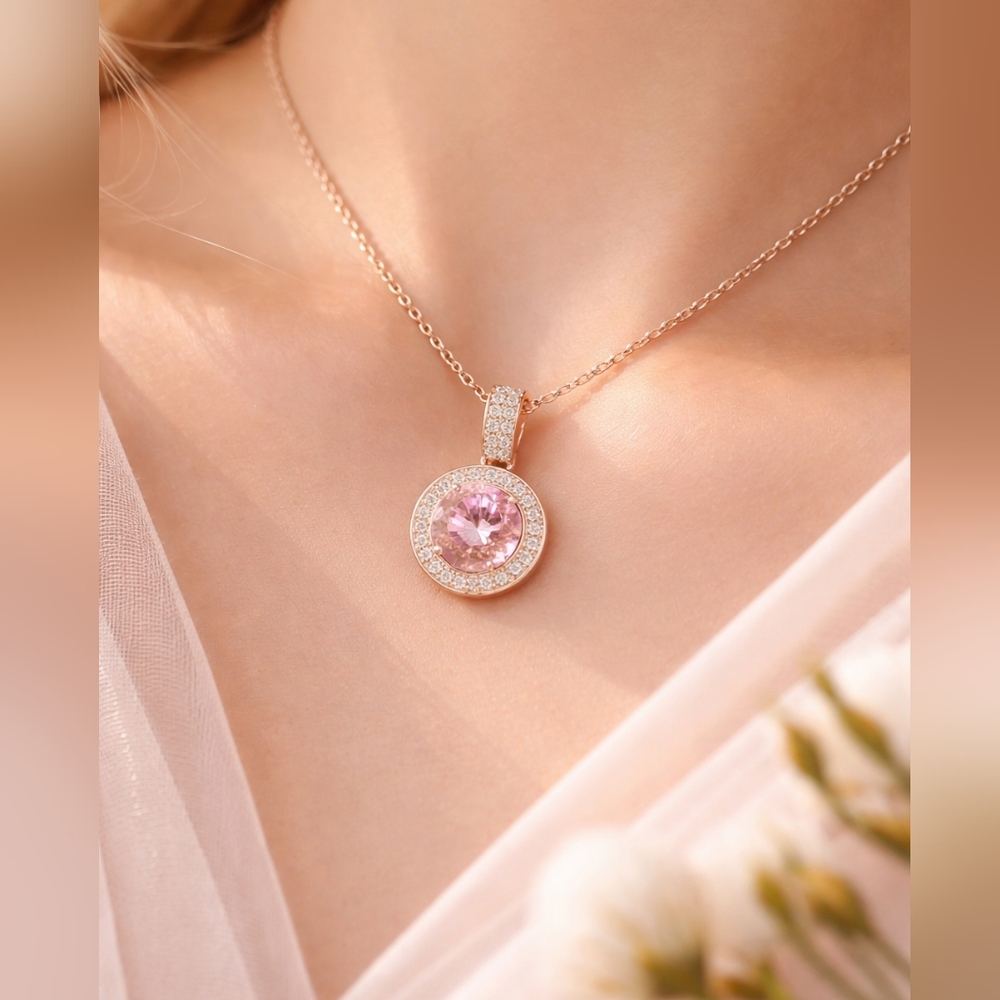 1CT‎ Pink Moissanite Halo Necklace GRA Certified 925 Sterling Silver NEW